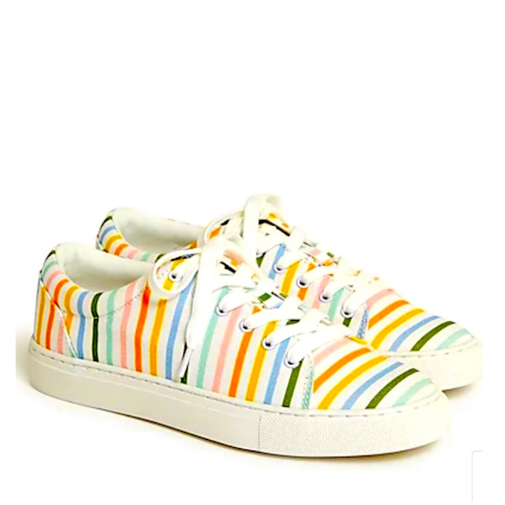 J Crew White And Pastel Striped Canvas Sneakers Size 9 Excellent Used Condition